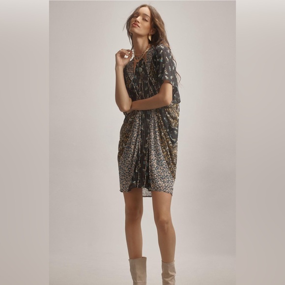 Anthropologie Short Sleeve Draped Tunic Mini Dress in Blue Floral Size S NWT - Picture 3 of 7